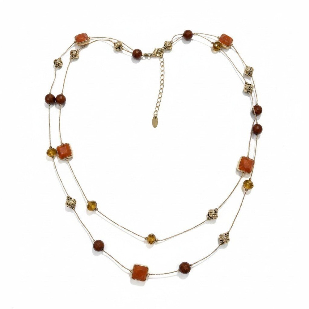 Chicos Womens OS Gold Orange Brown‎ Beaded Double Layer Necklace Boho Casual